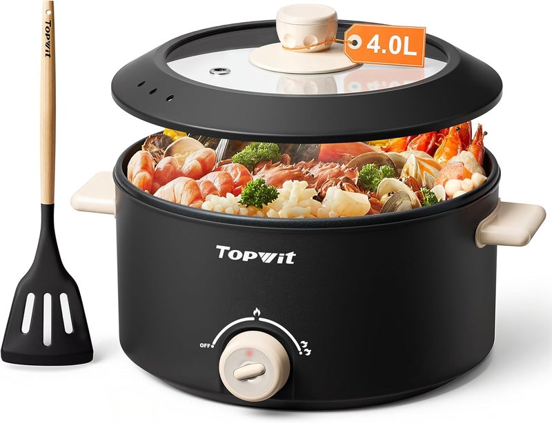 TopWit Hot Pot Electric, 4L Electric Pot with Non-Stick Coating, Dual Power Electric Cooker for Deep Frying, Steak, Pasta, Multi-Functional Large Capaity Shabu Shabu Pot for Party, Dark Black - Image 1